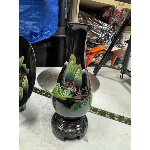 Vintage Fujian Lacquer Ware Asian Hand Painted Set 2 Vases 1 Plate In Box Papers - Picture 7 of 16